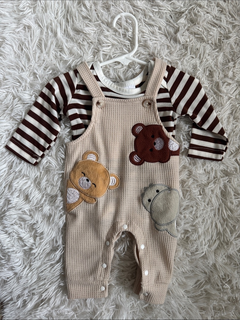Unbranded Kids Beige Waffle Knit Bear Overalls